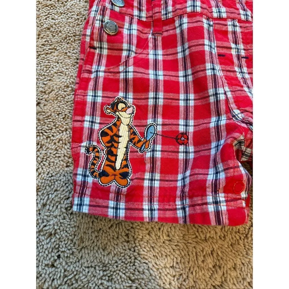 Vintage Disney Winnie the Pooh Plaid Shortalls Embroidered Baby Outfit 6-9 Month